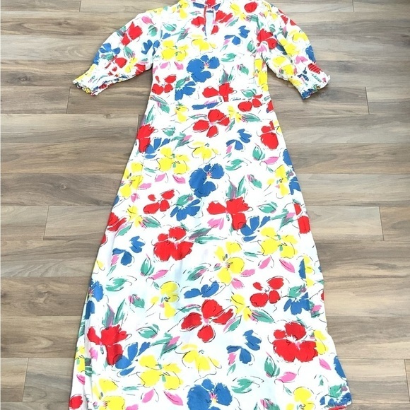 RIXO Floral Maxi Dress Mock Neck Cascade Ruffle Split - Picture 11 of 12